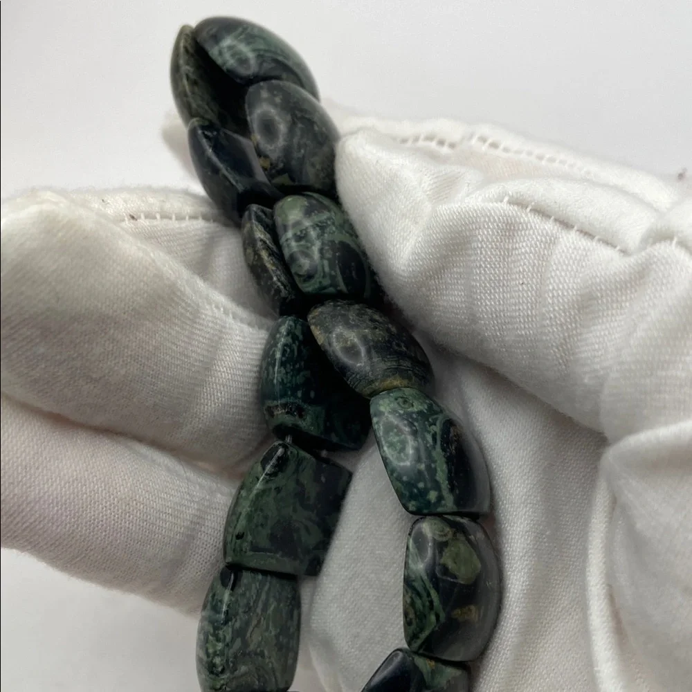 Hand Crafted Gemstone Cabochon Stretch Bangle Bracelet Green Jasper M/L